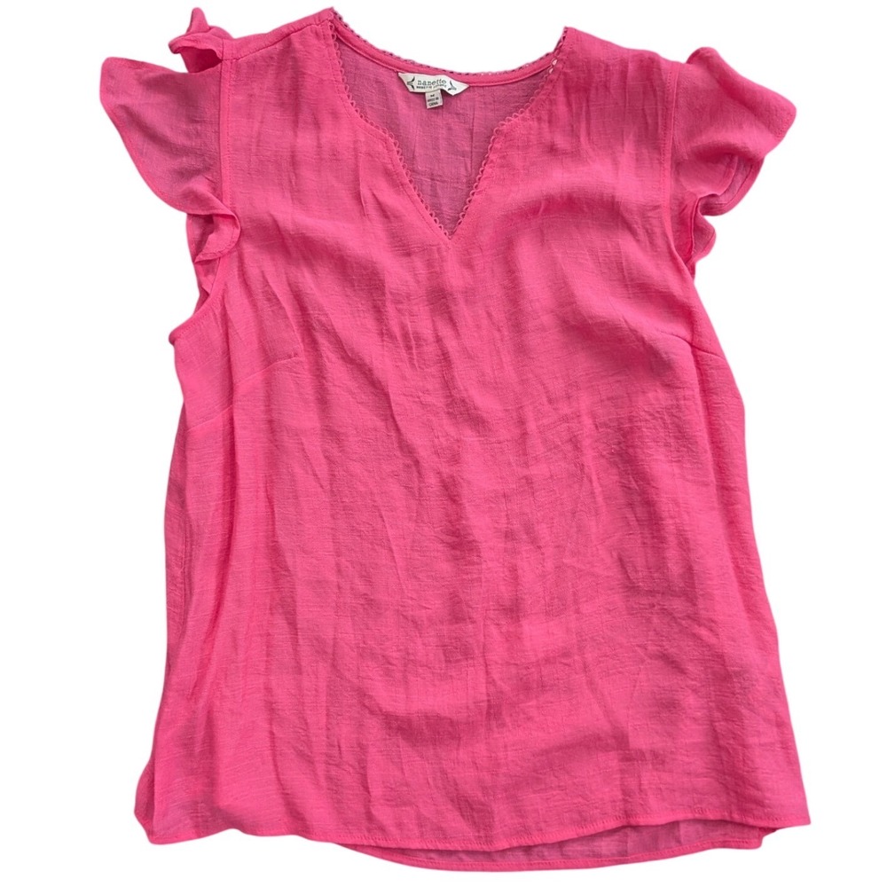 NWT Nanette Lepore Pink Ruffle Sleeve Crochet Trim Blouse Sz M Coquette Feminine